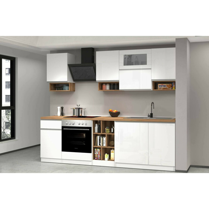 Cucina completa Attiko, Set con dispensa, Mobile per cucinotto, Kit blocco lineare, 100% Made in Italy, 255x60h85 cm, Bianco lucido e Rovere