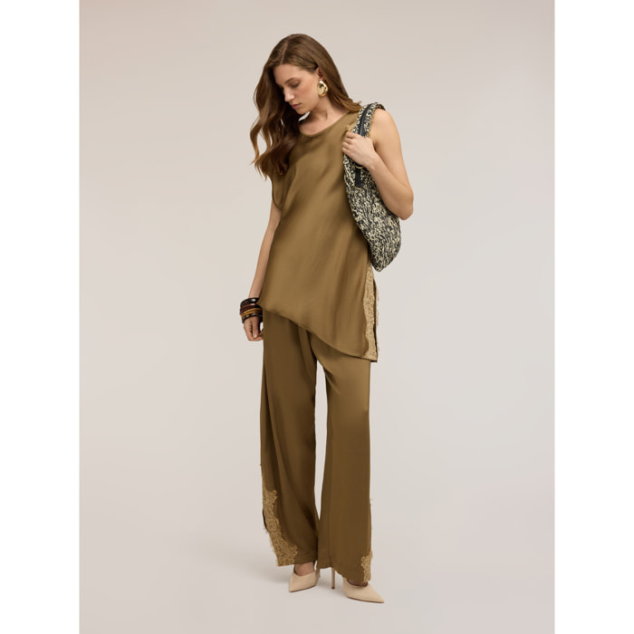 Motivi - Pantaloni palazzo in raso con pizzo - Verde militare