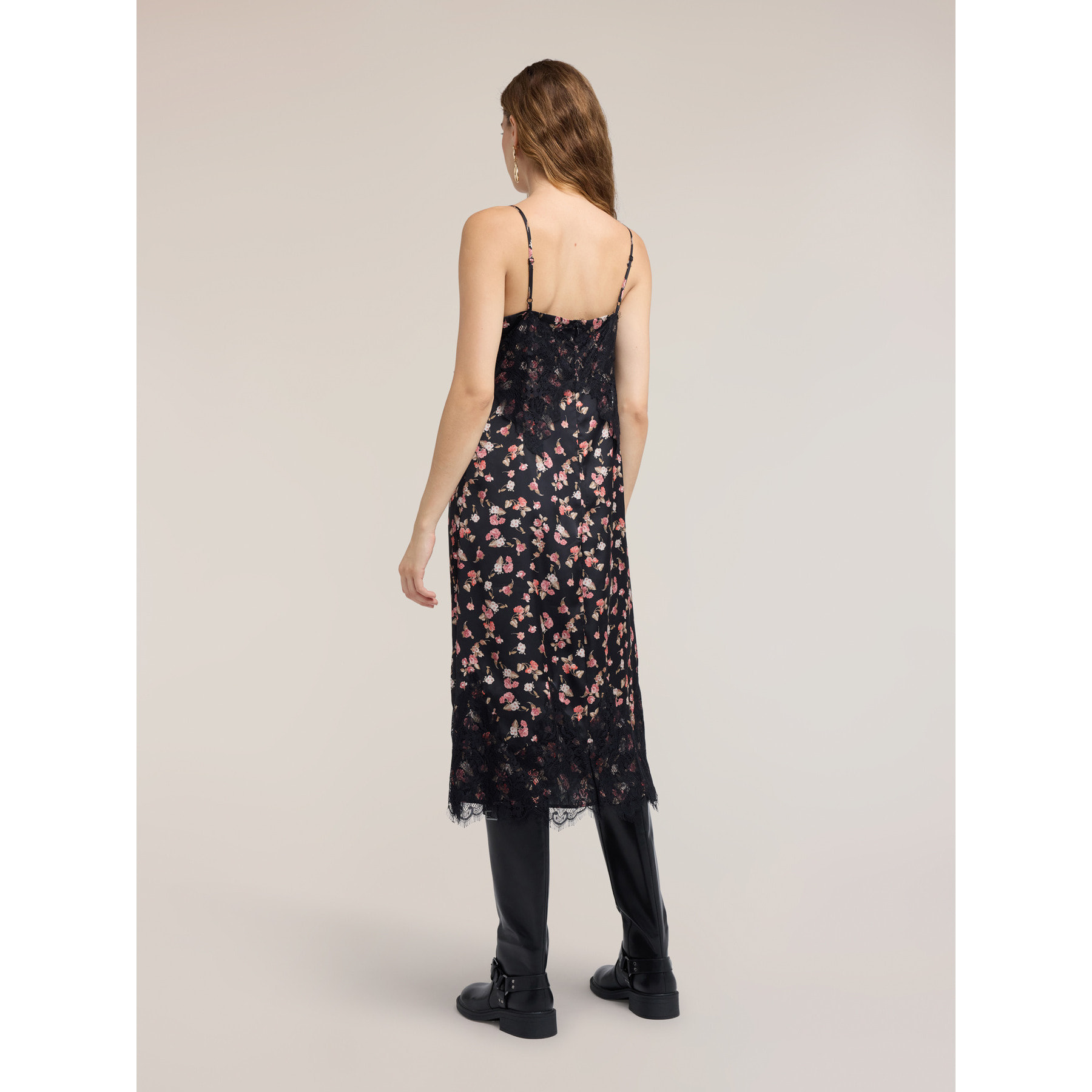 Motivi - Vestido de georgette con estampado floral y encaje - Negro