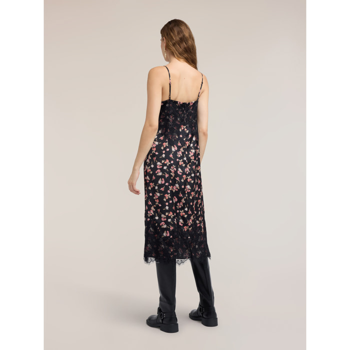 Motivi - Vestido de georgette con estampado floral y encaje - Negro