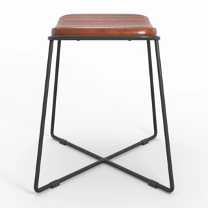 Tabouret en cuir marron et pieds en métal noir - Germain