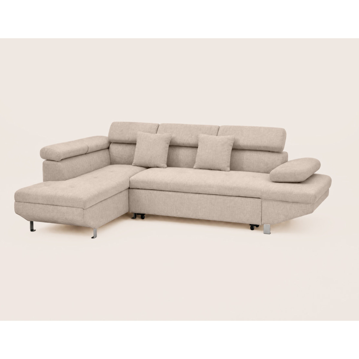 Margaux - Canapé d'angle gauche 5 places convertible avec coffre et têtières réglables en velours texturé - Beige