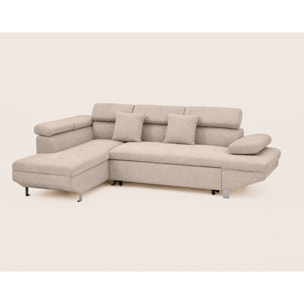 Margaux - Canapé d'angle gauche 5 places convertible avec coffre et têtières réglables en velours texturé - Beige