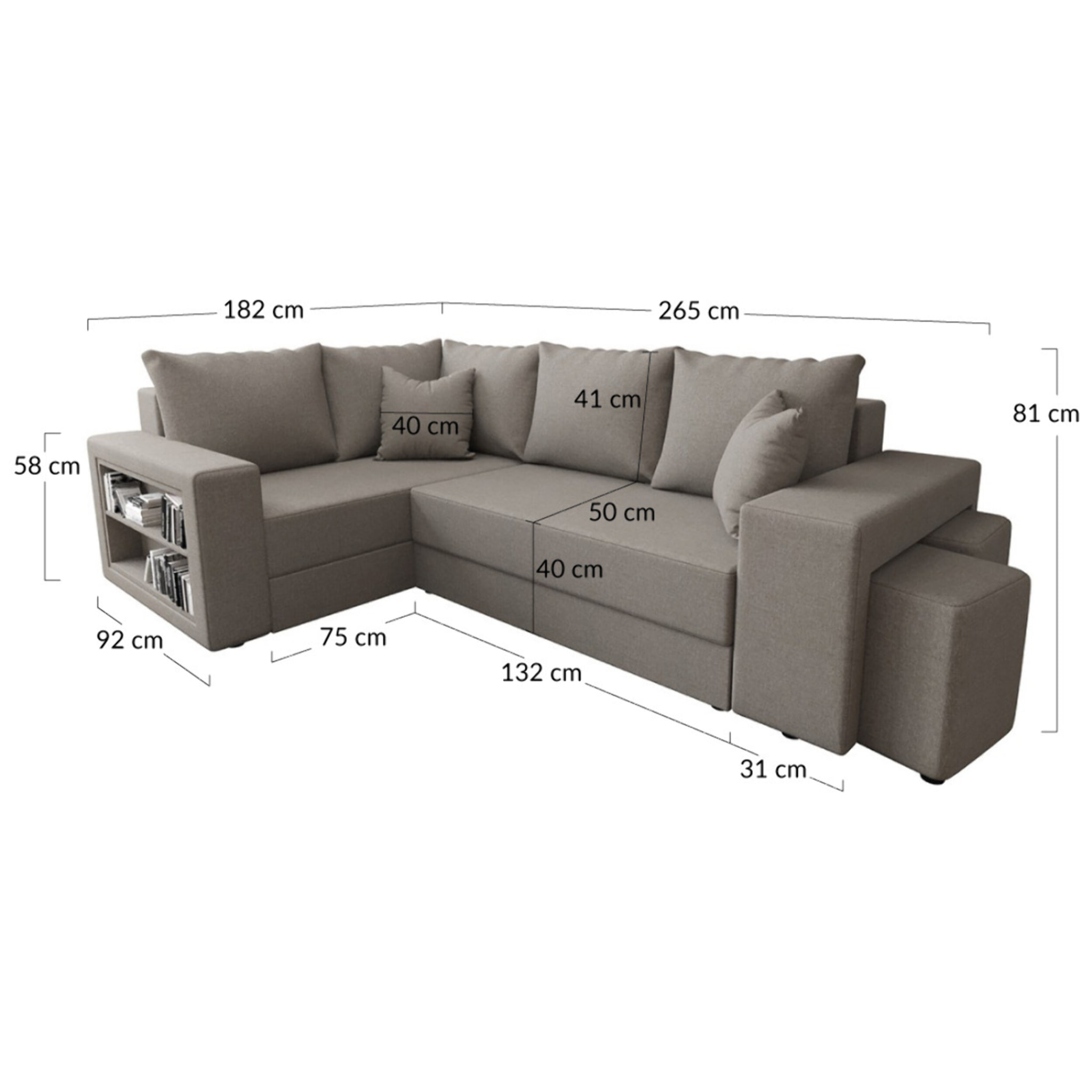 Libbie - Canapé d'angle gauche 4 places convertible avec coffre, étagère et poufs en tissu - Gris