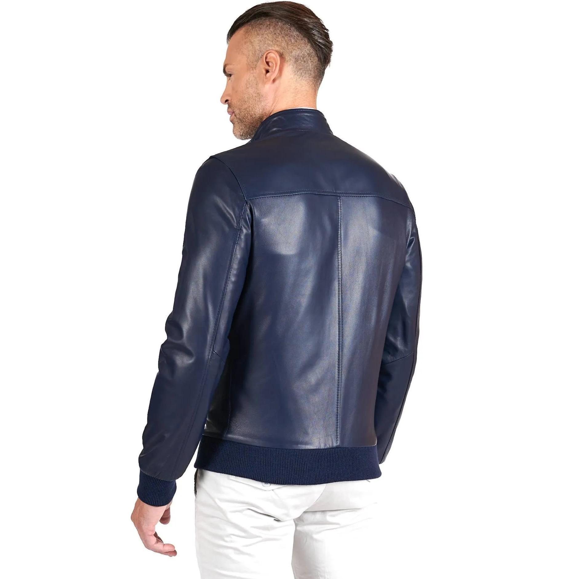 Giubbotto Bomber in pelle blu nappa effetto liscio