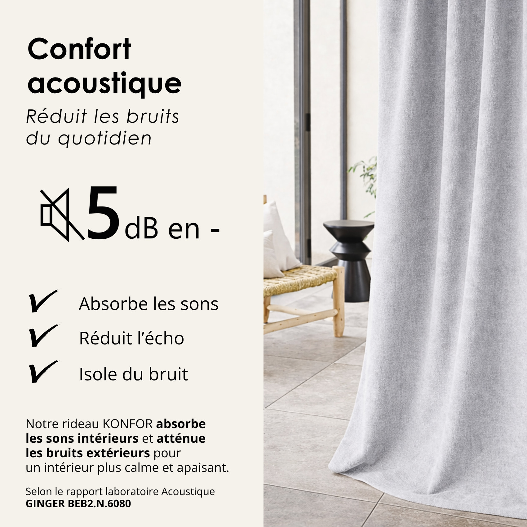 Rideau thermique phonique et semi occultant KONFOR - Naturel