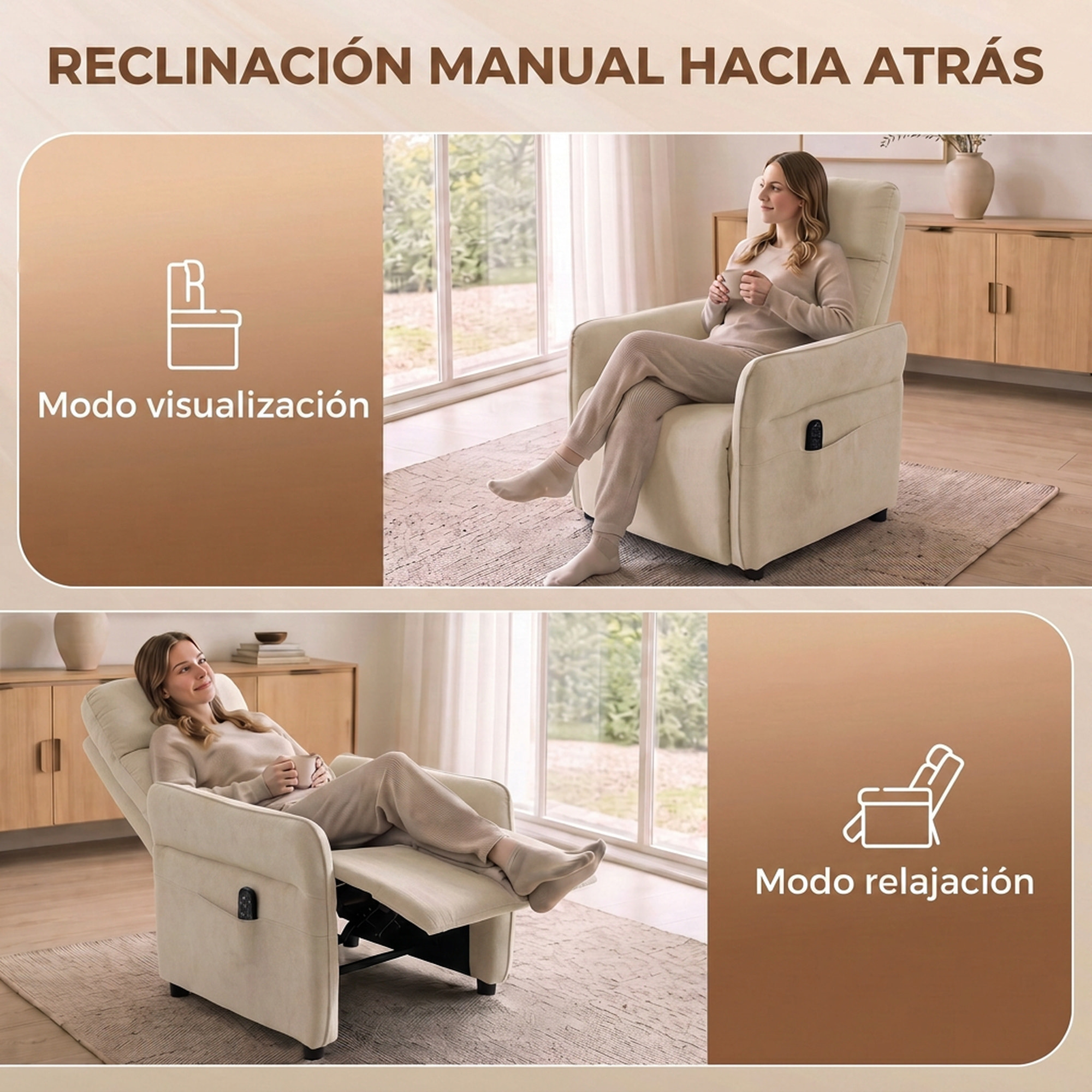 HOMCOM Sillón de Masaje, Sillón Relax Reclinable 135° Manual, Calor Lumbar, Mando a Distancia, Reposapiés, 8 Zonas de Masaje, Reposabrazos Ajustables, Asiento Muelles, Bolsillos, Tapizado Rizo, Beige