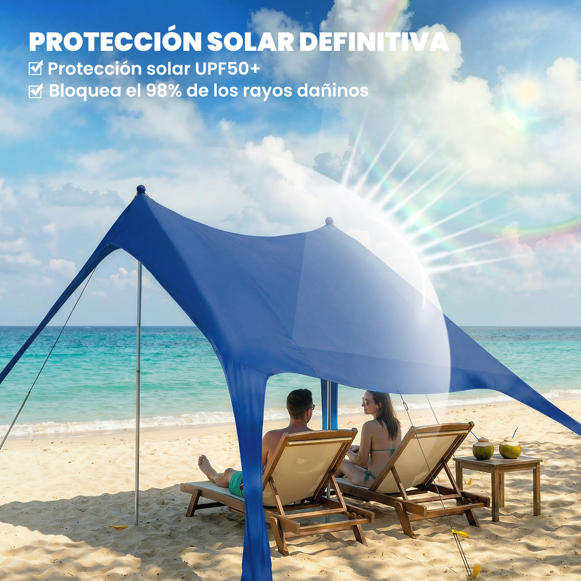 Carpa Playa Plegable 208x200 cm, Toldo Playa Portátil para 2-4 Personas con Esterilla, UPF50+, Postes de Aluminio, Pala, Estacas y Bolsa de Transporte Impermeable, para Camping, Pesca, Azul