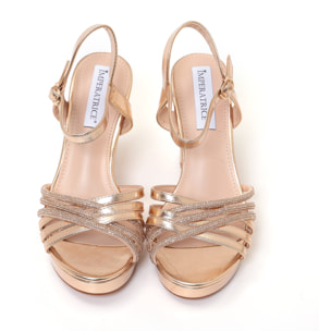 Sandali in simil pelle con tacco alto comodo e fasce ricoperte di strass