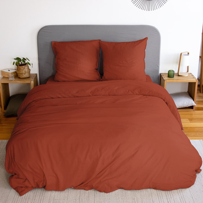 Parure housse de couette unie 100% microfibre lavée - avy - terracotta