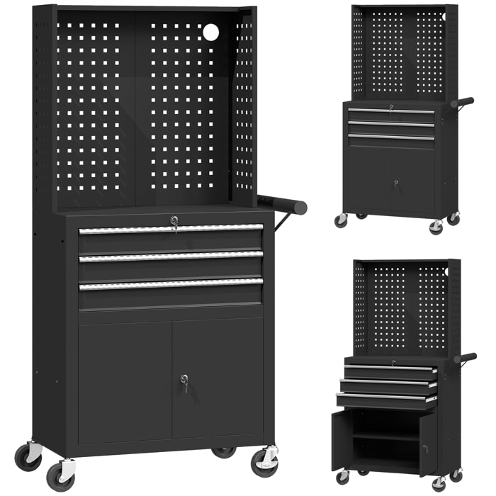 Servante d'atelier acier verrouillable 3 tiroirs 2 portes panneau perforé noir