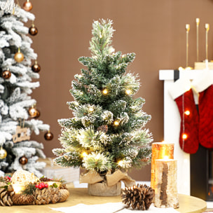 Árbol de Navidad con 35 Luces LED, 60 cm, Mini Árbol de Navidad Artificial con 64 Ramas Densas con Nieve, Piñas, Bayas y Base de Arpillera, Decoración Navideña de Mesa para Casa, Oficina, Verde