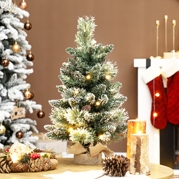 Árbol de Navidad con 35 Luces LED, 60 cm, Mini Árbol de Navidad Artificial con 64 Ramas Densas con Nieve, Piñas, Bayas y Base de Arpillera, Decoración Navideña de Mesa para Casa, Oficina, Verde