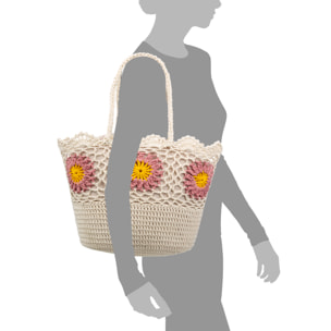 Villaga borsa a spalla da donna. Realizzata in cotone, con fiori decorativi.