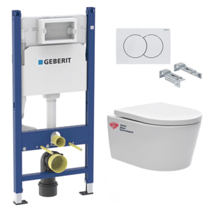 Pack Bati-support Geberit 112cm + WC sans bride Swiss Aqua Technologies + Plaque blanche + Set d'isolation (SATrimlessGeb3SET)