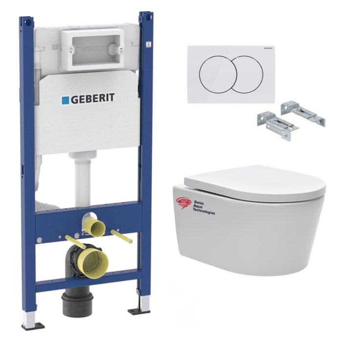 Pack Bati-support Geberit 112cm + WC sans bride Swiss Aqua Technologies + Plaque blanche + Set d'isolation (SATrimlessGeb3SET)