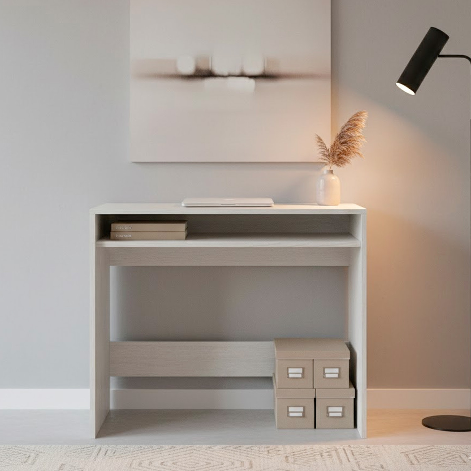 Scrivania Da Studio Compatto Tavolo Con Vano Portaoggetti Design Moderno Per Home Office Cameretta Smart Working 79 x 43 x 78 Cm Bianco Frassino