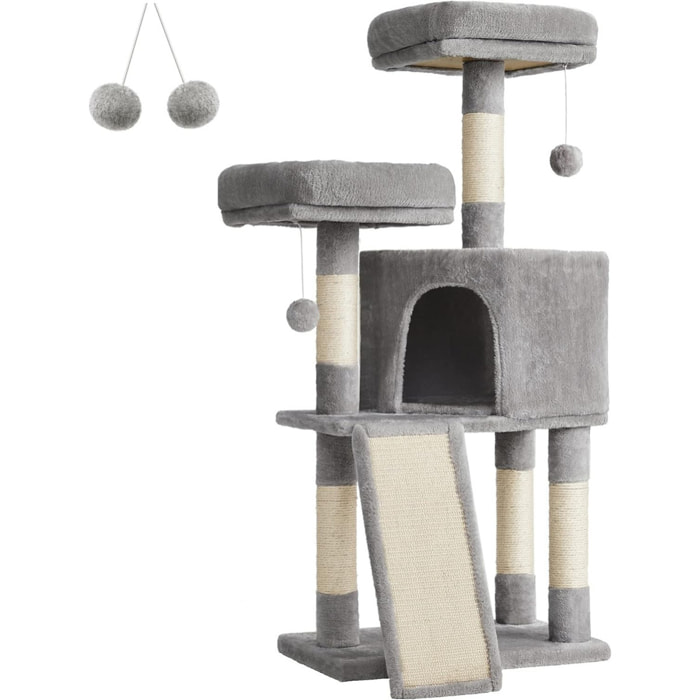 Tiragraffi per gatti a torre con cuccia e amaca grigio chiaro