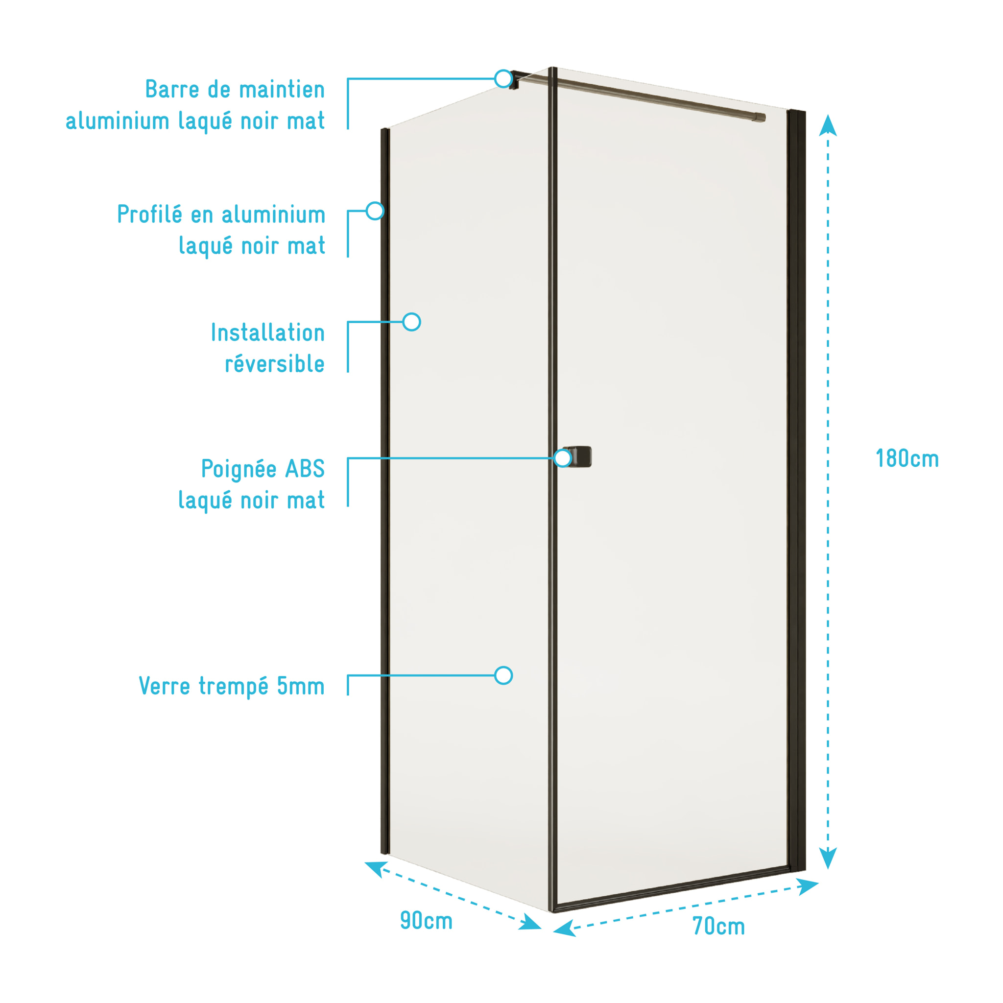 Porte de Douche Pivotante 70x180cm et Retour 90cm - Profil Noir - Verre 5mm - DARK ELEMENTARY