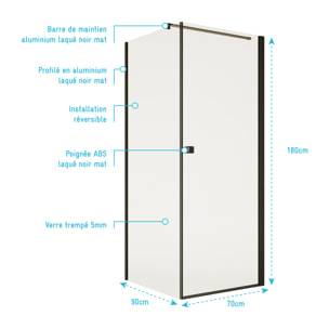 Porte de Douche Pivotante 70x180cm et Retour 90cm - Profil Noir - Verre 5mm - DARK ELEMENTARY