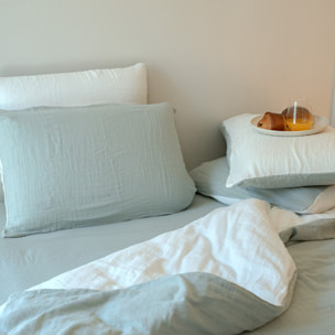 Housse de couette réversible gaze de coton vert sauge/écru - NOE