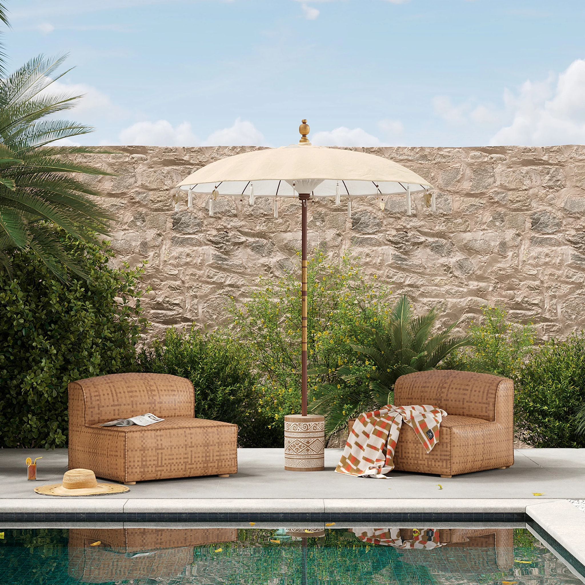 Parasol en bois de cocotier et tissu crème - Ali