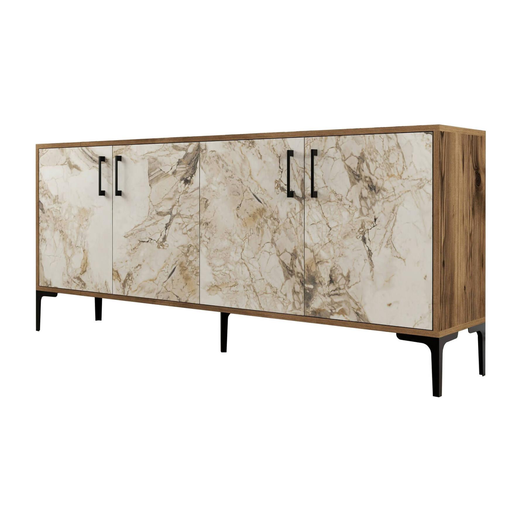 Credenza Dpedrol, Buffet da soggiorno, Madia da salotto, Dispensa da cucina, 180x35h78 cm, Noce e Bianco Marmo