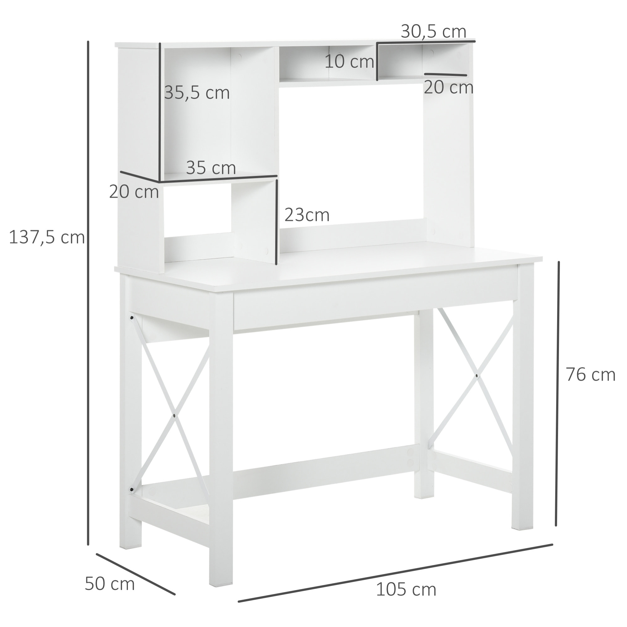 Bureau bibliothèque 2 en 1 - 3 niches 4 espaces de rangement - panneaux particules métal blanc