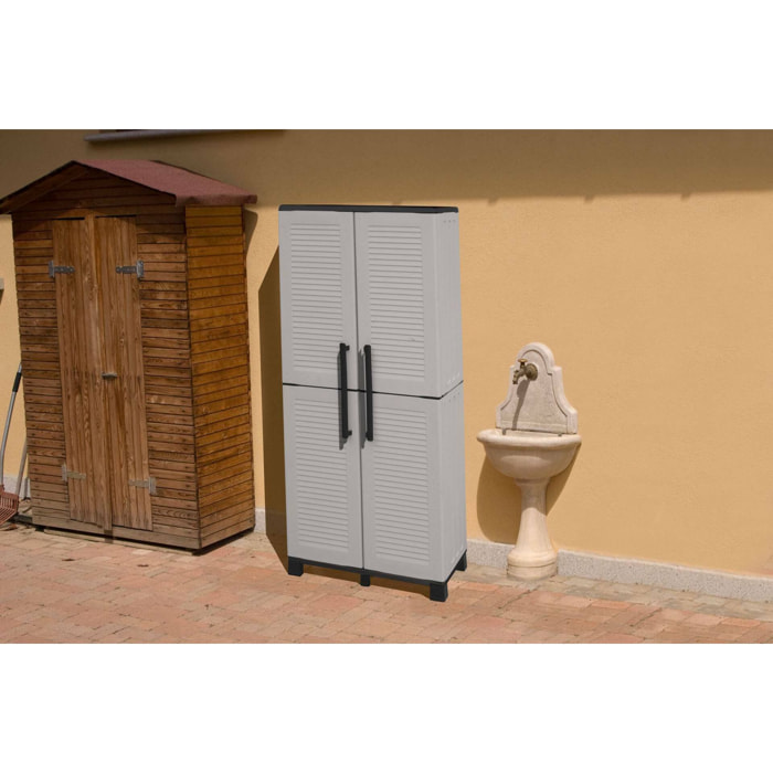 Armadio da esterno Askan, Armadio porta scope, Mobile outdoor 2 ante, 100% Made in Italy, 68x37h169 cm, Grigio chiaro e Nero, Finitura righe