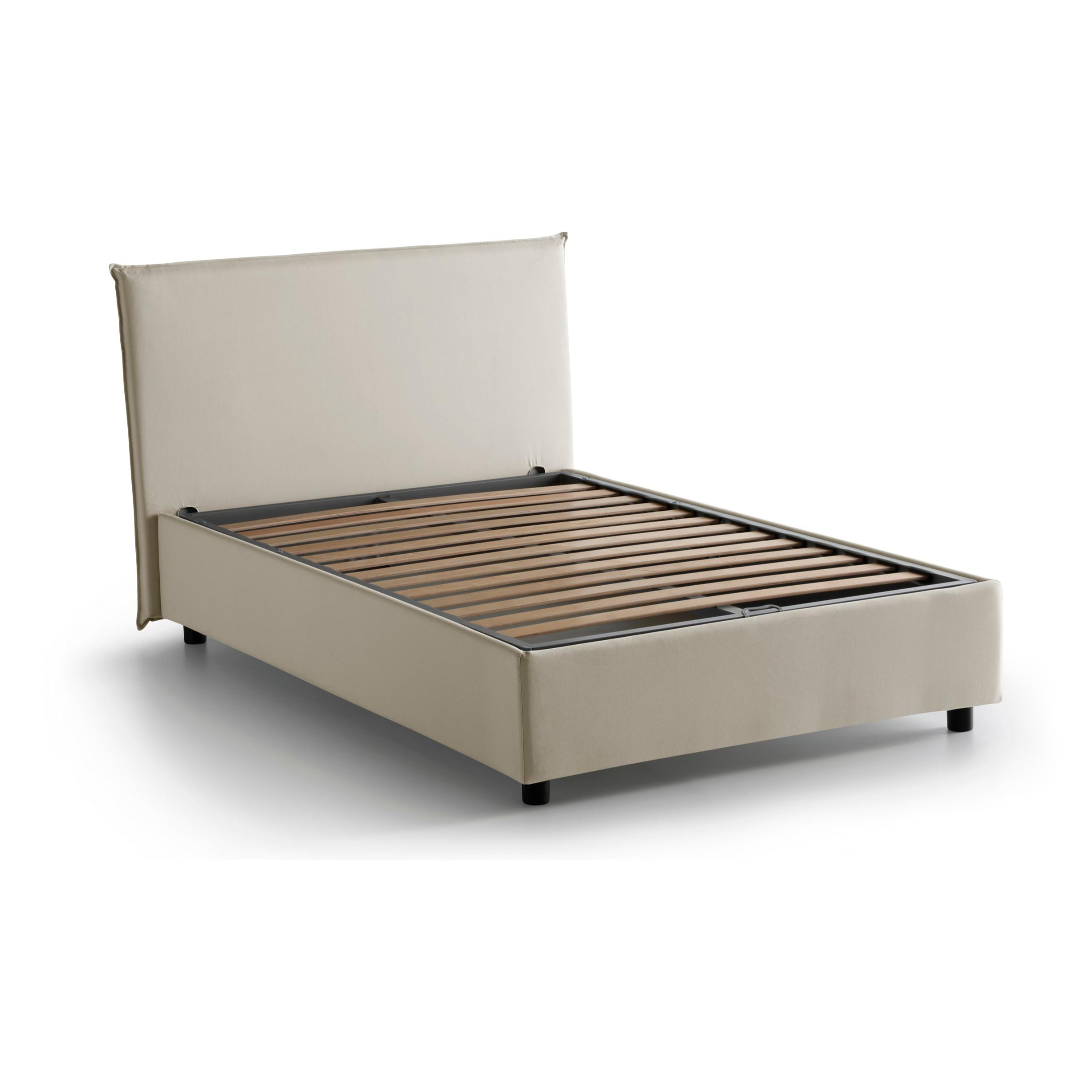 Letto piazza e mezza Chicca, Letto contenitore con rivestimento in tessuto, 100% Made in Italy, Apertura frontale, con materasso Cm 120x200 incluso, Beige