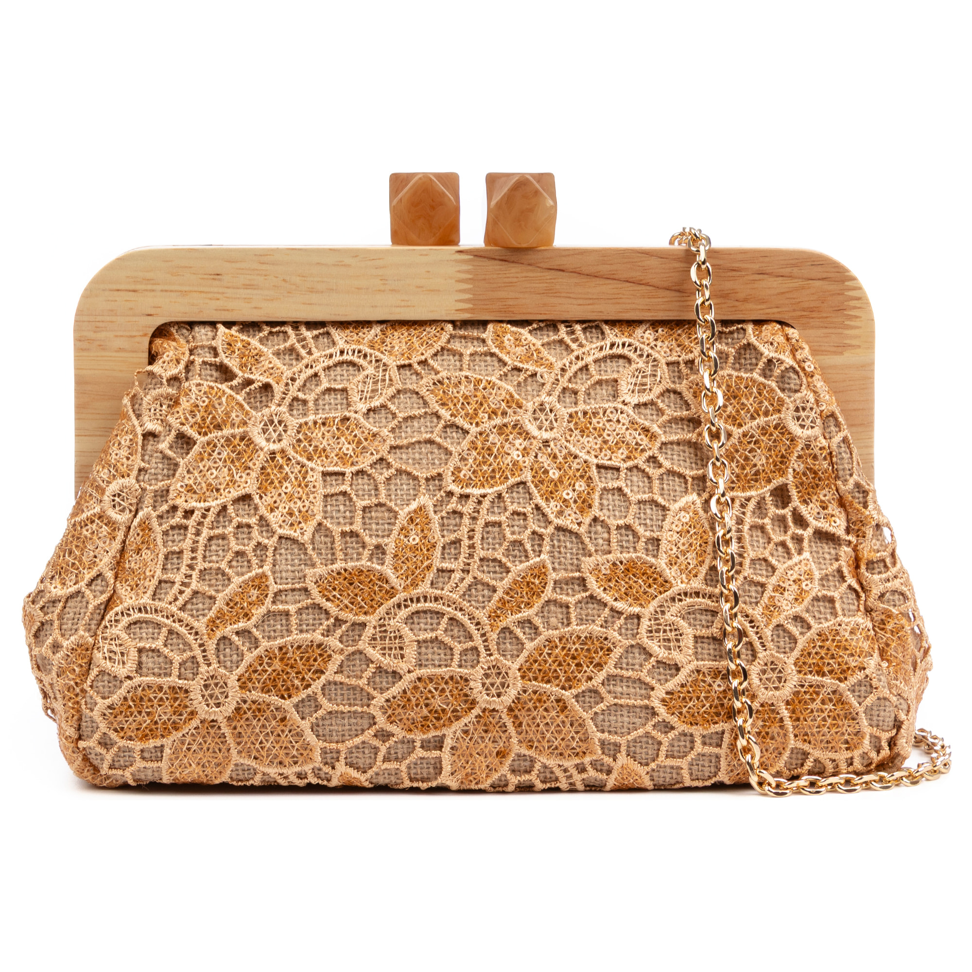 Borbera Borsa a tracolla Donna. Realizzata in legno naturale, cotone e juta con design a rete di tessuto floreale.