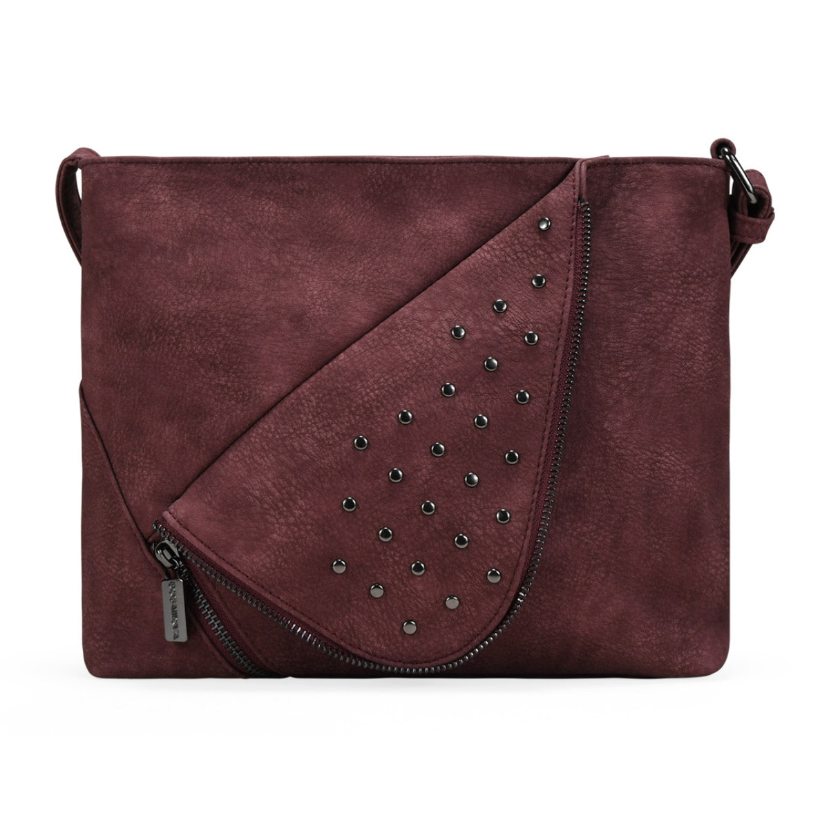 Bolso bandolera burdeos con solapa de tachas