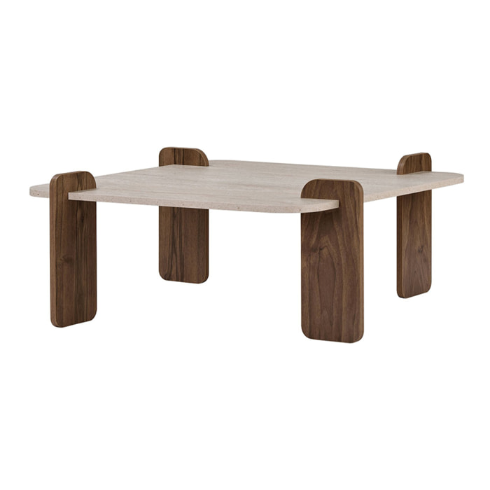 Table basse carrée effet travertin et noyer 90x90cm BROOKLYN
