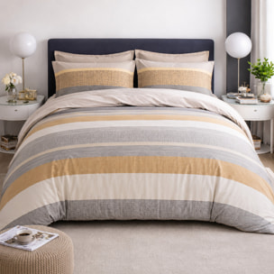Parure housse de couette 100% percale de coton - rayures gris beige