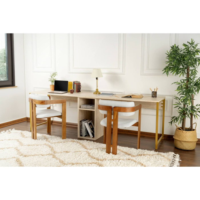 Scrivania Violet, Scrittoio multiuso, Tavolo per ufficio porta PC, Piano di lavoro, 240x60 h74 cm, Beige e Oro