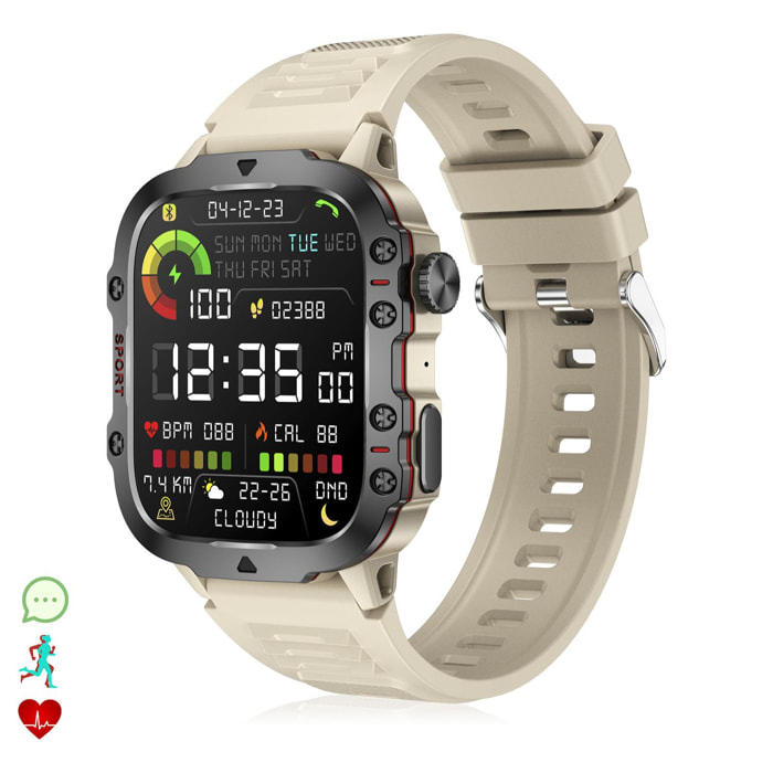 DAM Smartwatch QX11 outdoor. Llamadas Bluetooth, notificaciones push, más de 100 modos deportivos. Monitor cardiaco y O2. 5x1,2x4,3 Cm. Color: Beige