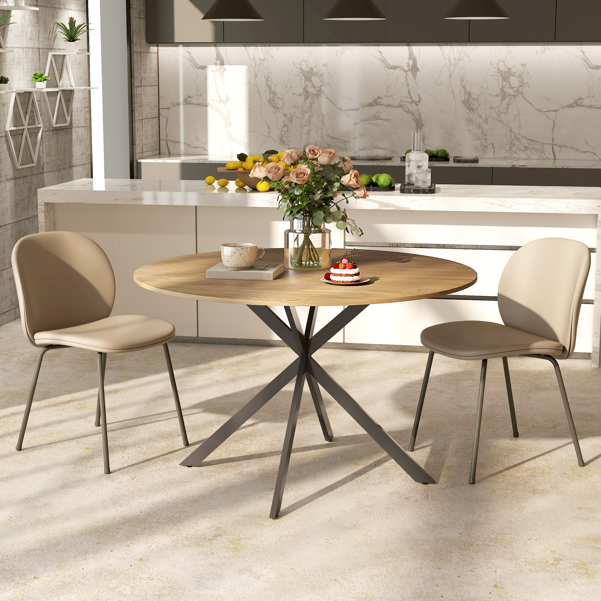 Table ronde bois 4 personnes dia. 120 cm style industriel piètement croisé acier noir