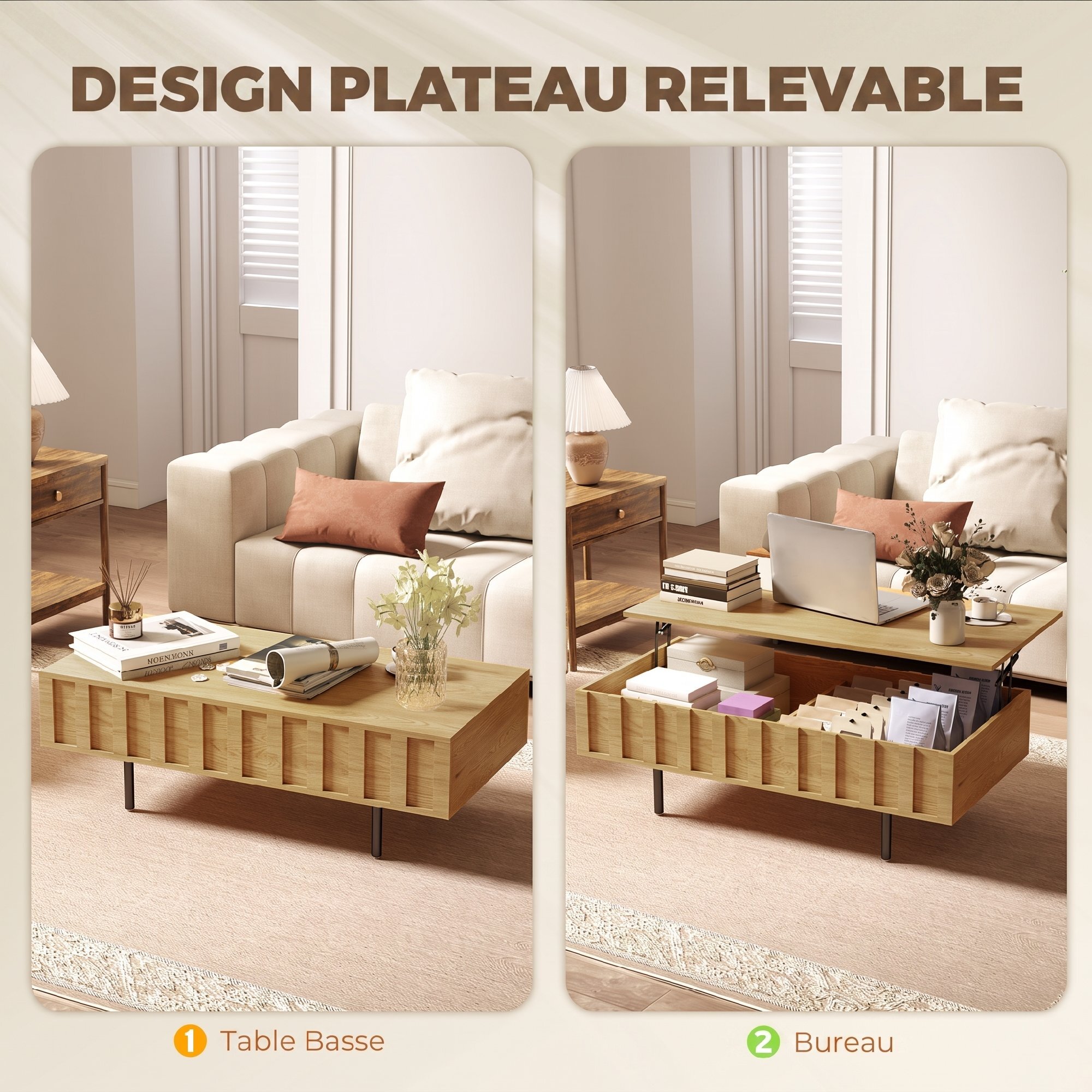 Table basse relevable avec 2 rangements cachés et côtés cannelés, 110 × 55 × 36,5 cm, effet chêne