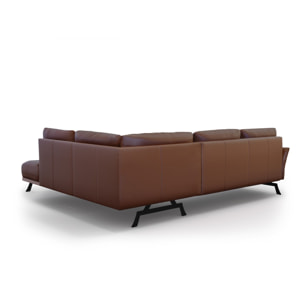 Canapé d'angle droit convertible "Olivier" 5 places en cuir véritable marron