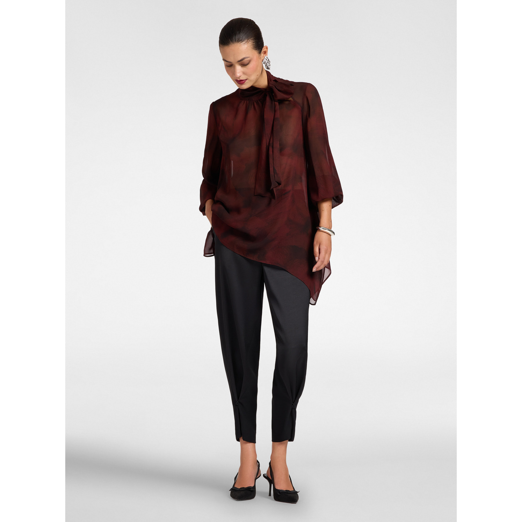 Elena Mirò - Blusa stampata in viscosa con fiocco - Bordeaux