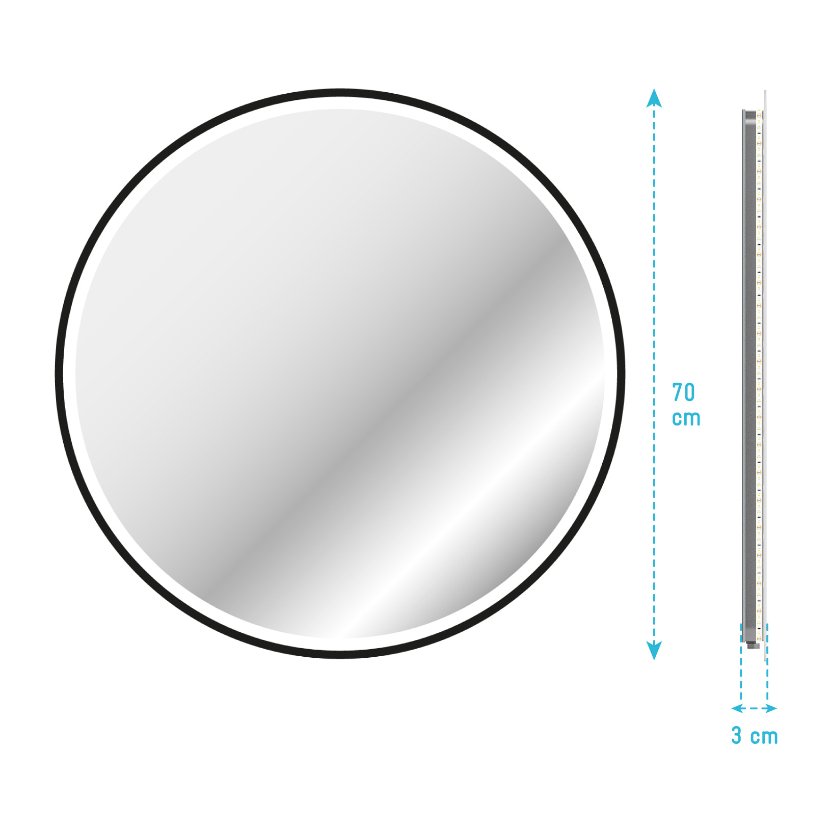 Miroir salle de bain ROND avec éclairage LED et contour noir - Diam 70cm