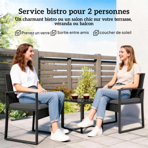 Salon de jardin 2 places 3 pièces avec coussins plateau verre trempé résine tressée 6 fils gris