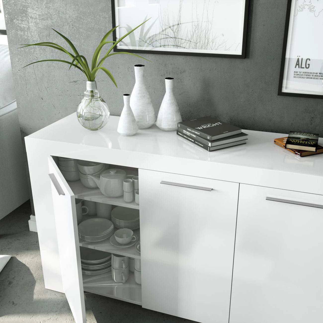 Aparador de 3 puertas con gran espacio de almacenamiento en blanco artik 144 cm Ambit Blanco Artik (Blanco Mate)