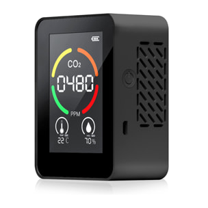 DAM Monitor de calidad de aire para interior. Detección de CO2, con alarma sonora y visual. Termómetro, TVOC e higrómetro. 7x3,5x9 Cm. Color: Negro