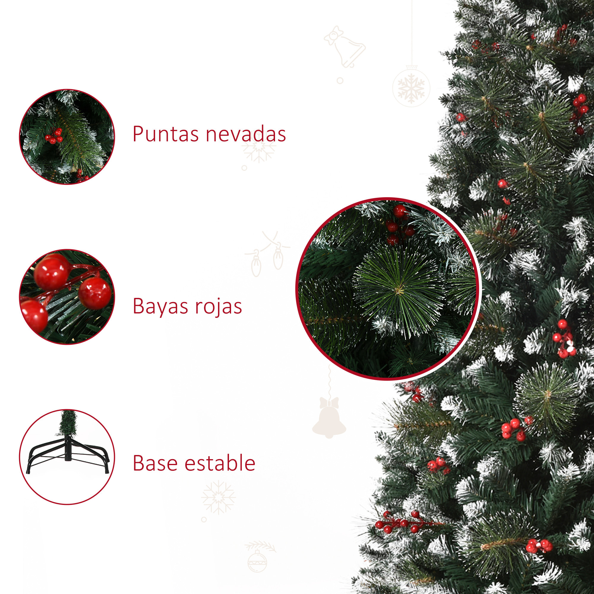 árbol de Navidad Artificial con Nieve 150 cm Ignífugo con 360 Ramas 38 Bayas Base Plegable y Soporte Metálico Decoración Navideña para Interiores Verde