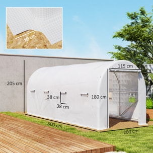 Invernadero de Túnel 500x200x205 cm Invernadero de Jardín con Puerta Enrollable y 8 Ventanas Cubierta PE 140 g/m² Marco de Metal para Cultivo Plantas Verduras Blanco