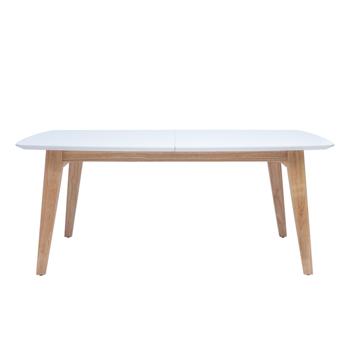 Table extensible rallonges intégrées rectangulaire finition bois blanc et hévéa massif L180-230 cm FIFTIES