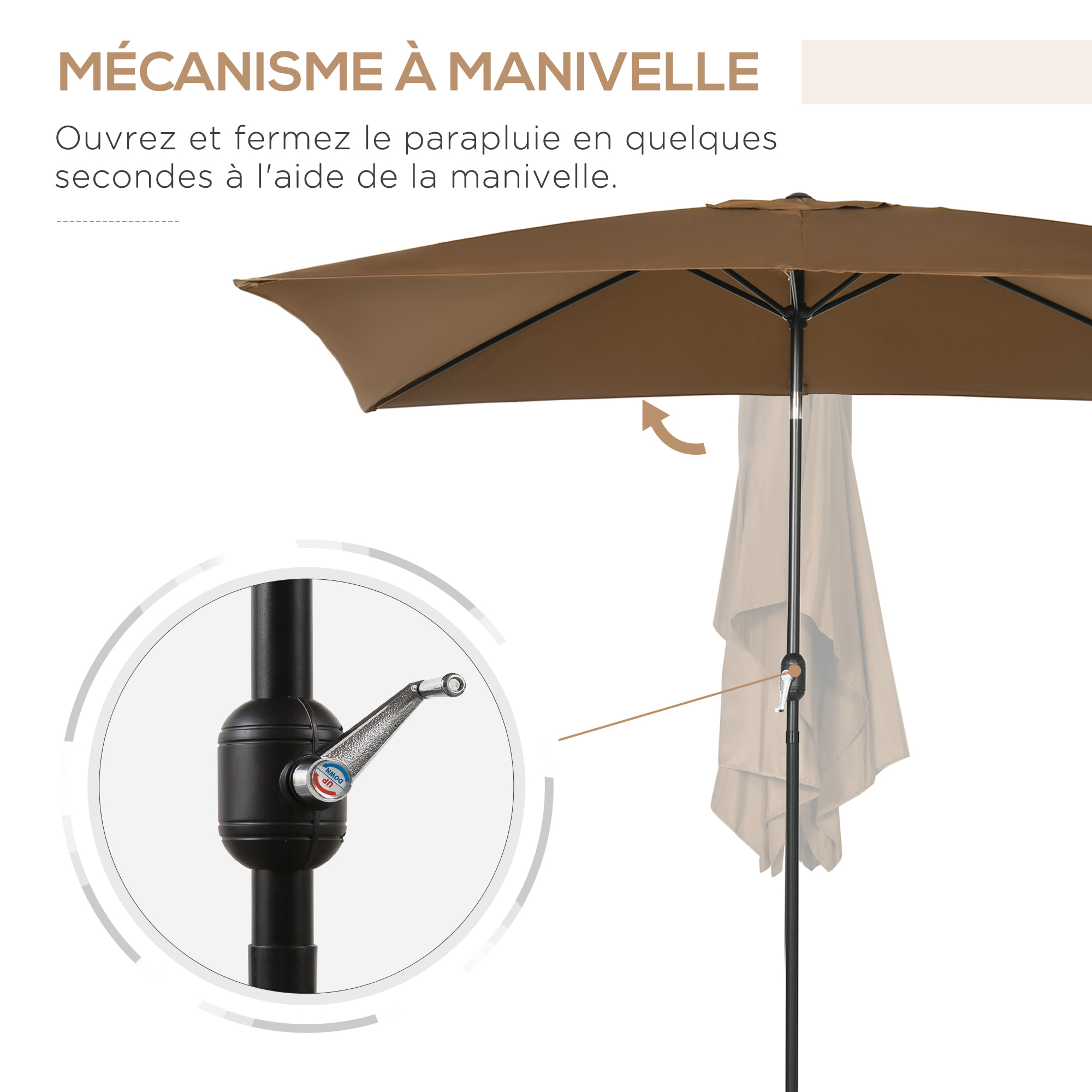 Parasol inclinable rectangulaire métal polyester haute densité 2,95L x 1,95l x 2,4H m chocolat