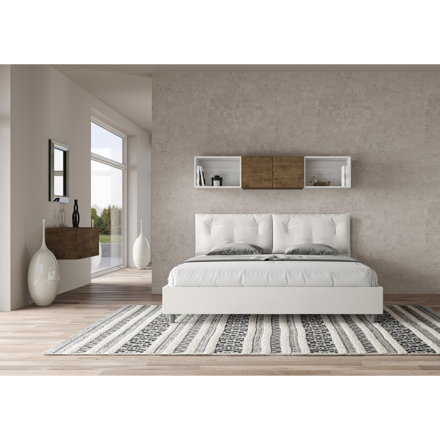 Cama matrimonial con almacenaje acolchada 200x200 cuero sintético blanco Appia Large