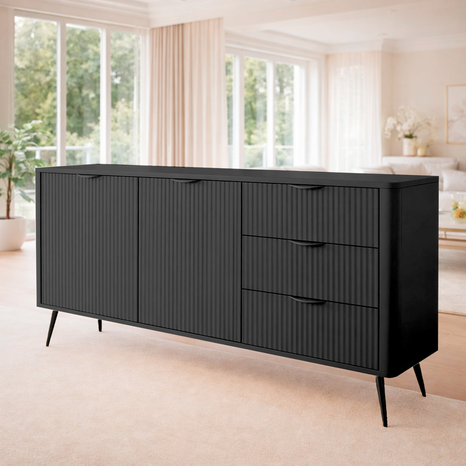 Madia Soggiorno Con 2 Ante e 3 Cassetti Credenza Salvaspazio Design Moderno Elegante Per Soggiorno Camera Con Piedini Slanciati 163 x 81 x 38 Cm Nero